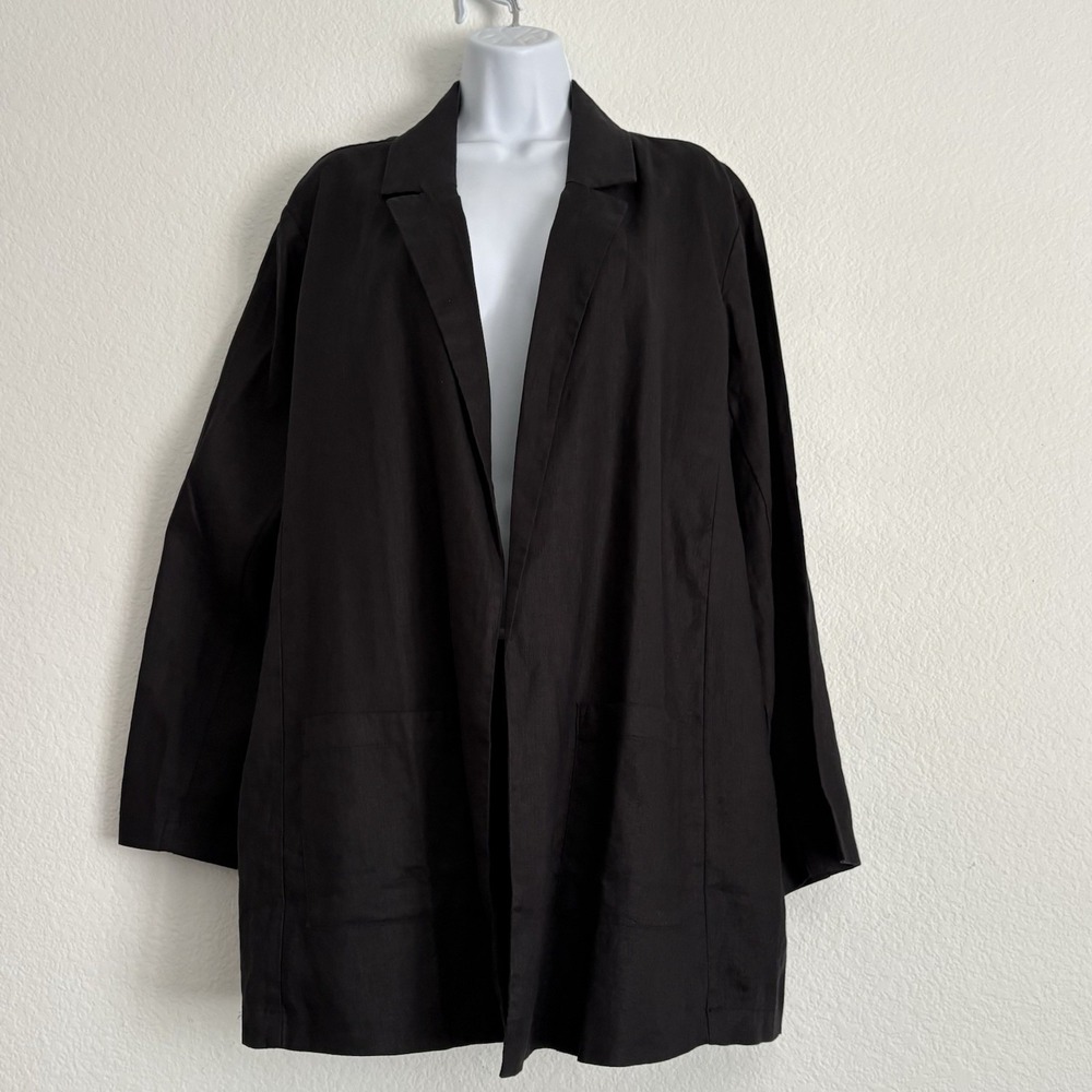 Eileen Fisher Organic Linen Longline Open Blazer Black 1X Lagenlook Minimalist